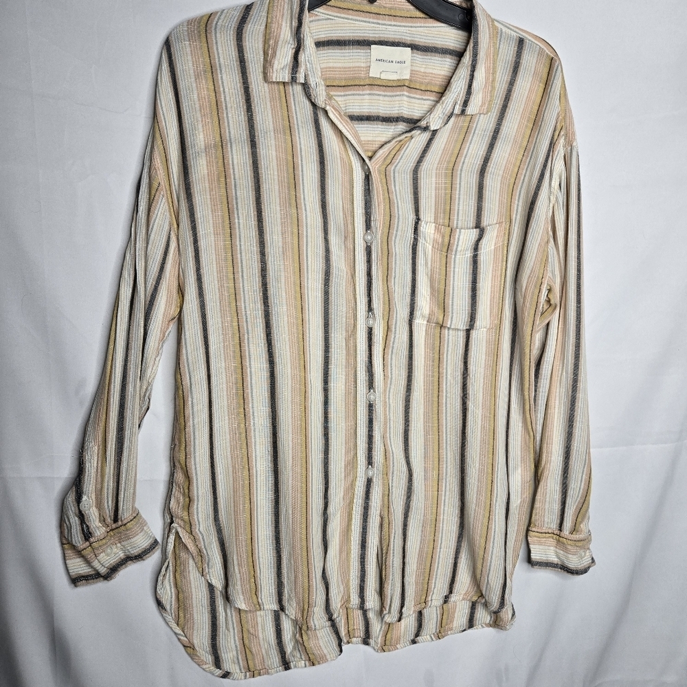 Small American Eagle Outfitters Striped Button-Down Shirt Fall Neutrals Retro